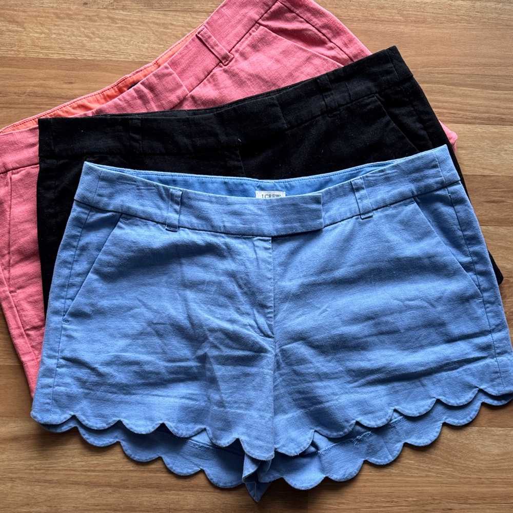 Set of 3 J. Crew Linen blend Scalloped Shorts - Light Blue, Black, Coral Pink